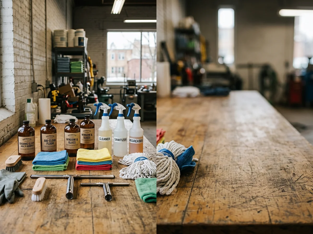 Professional cleaning supplies and equipment arranged on a work surface, ready for residential and commercial cleaning services.