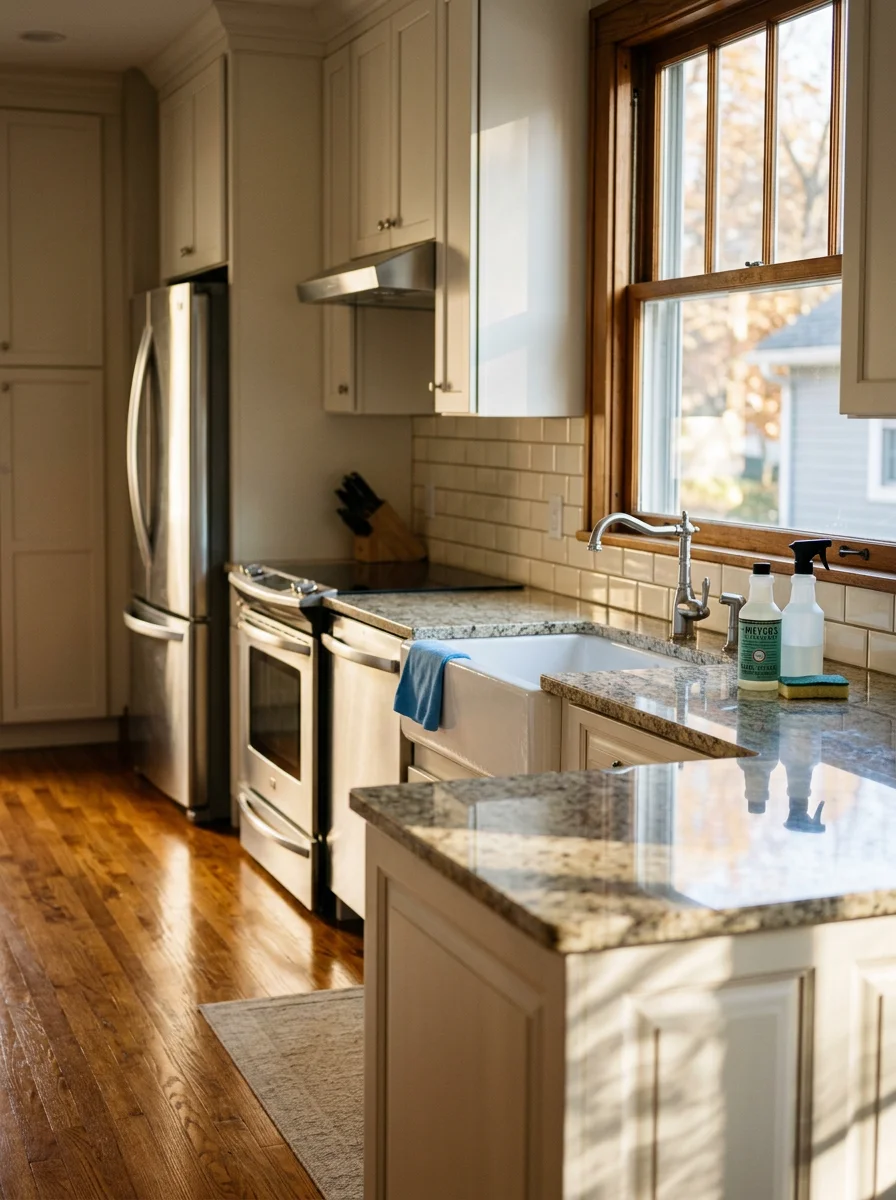A freshly deep-cleaned kitchen in an older Austin, MN home, with scrubbed counters, clean appliances, and polished flooring.