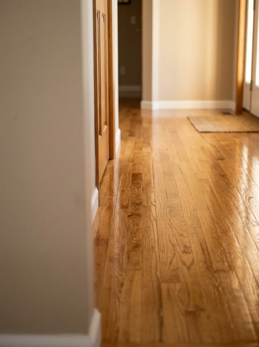 A freshly waxed hard surface floor in a Byron, MN home entryway, reflecting light after a professional cleaning and wax service.