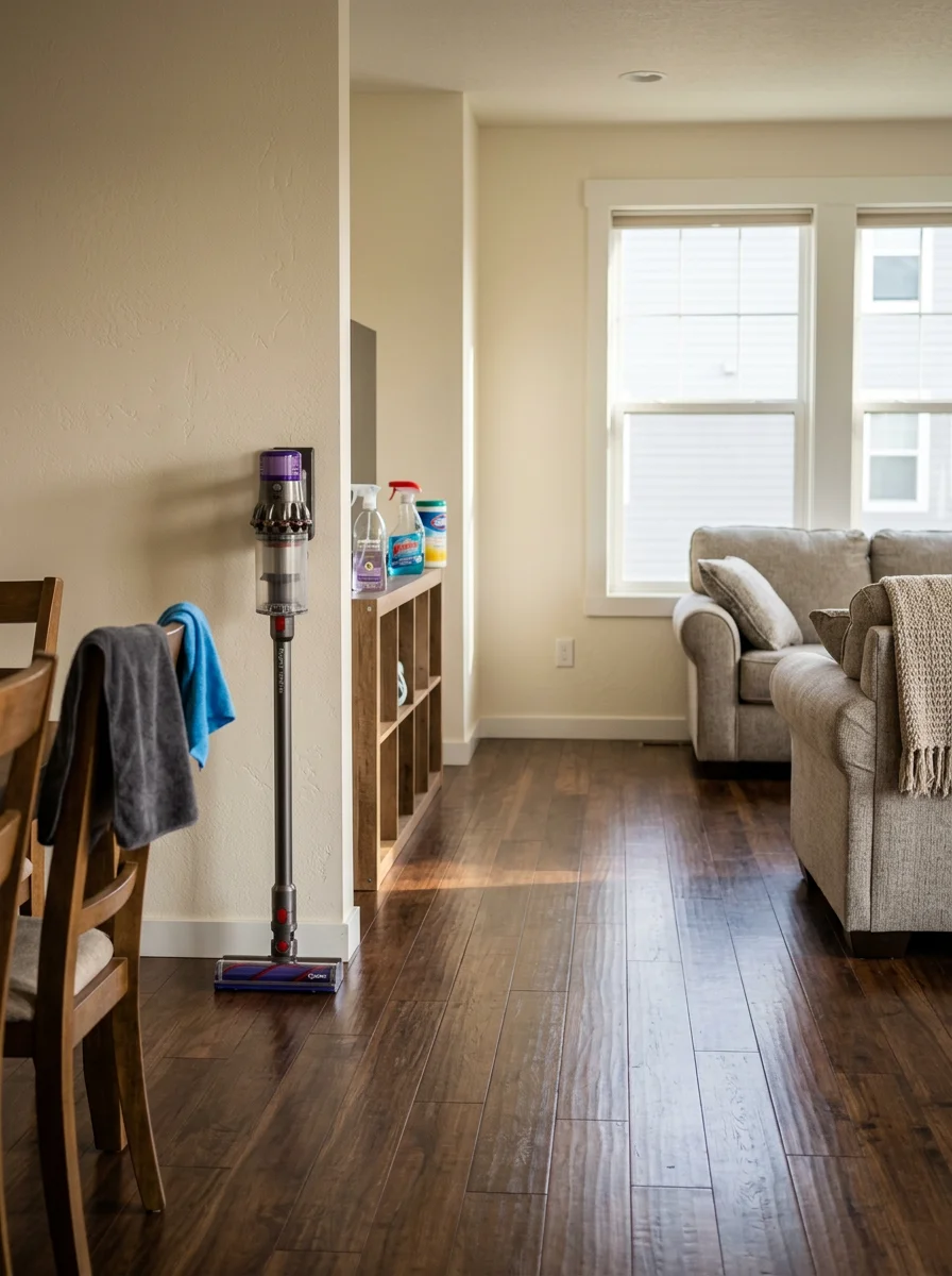 A freshly vacuumed and cleaned living room in a new Eyota townhome, with clean floors and dust-free surfaces after a move-in deep clean.