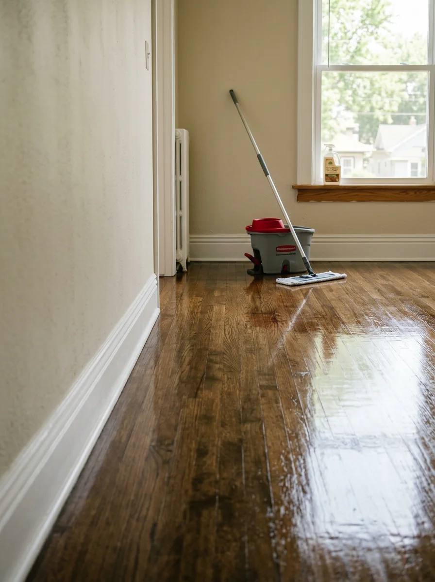 A freshly mopped and waxed floor in a Pine Island rental property, ready for a new tenant move-in.