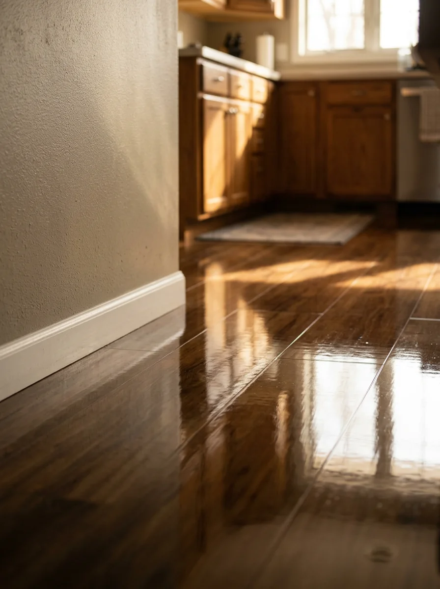 A freshly waxed vinyl floor in a Plainview home kitchen, reflecting light after a deep cleaning service.