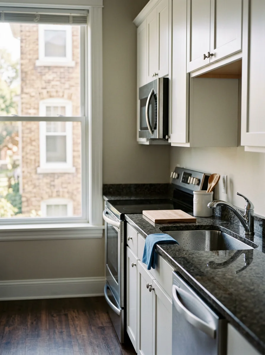 A freshly cleaned rental unit kitchen in Rochester, MN, with wiped counters, scrubbed sink, and clean appliances ready for a new tenant.