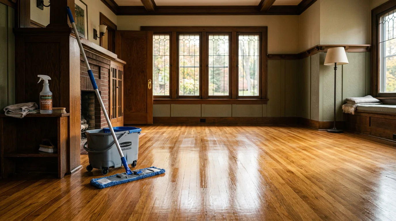 A cleaning professional mopping hardwood floors in a historic Craftsman-style home in Rochester, MN's Historic Southwest neighborhood.