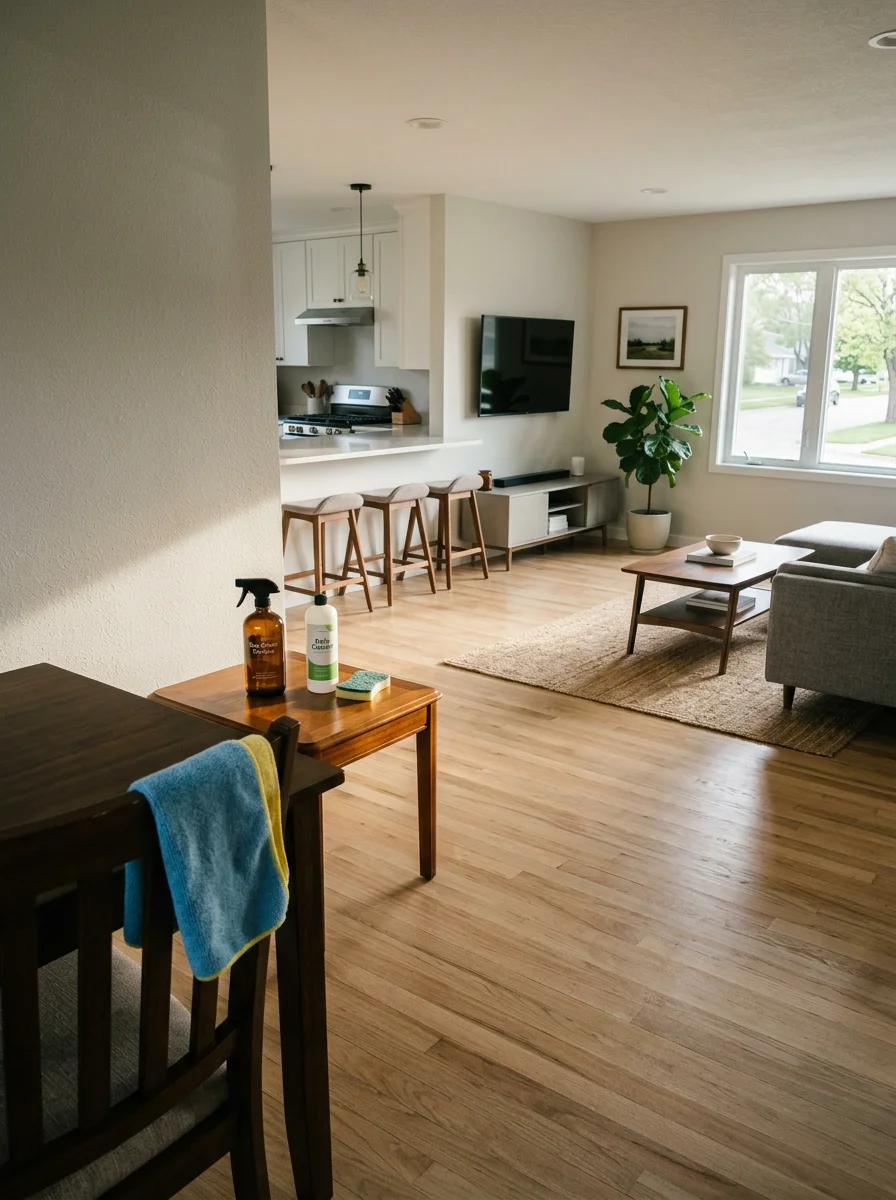 A freshly cleaned open-plan living area in a newer Stewartville subdivision home, with vacuumed floors and wiped surfaces ready for the family.