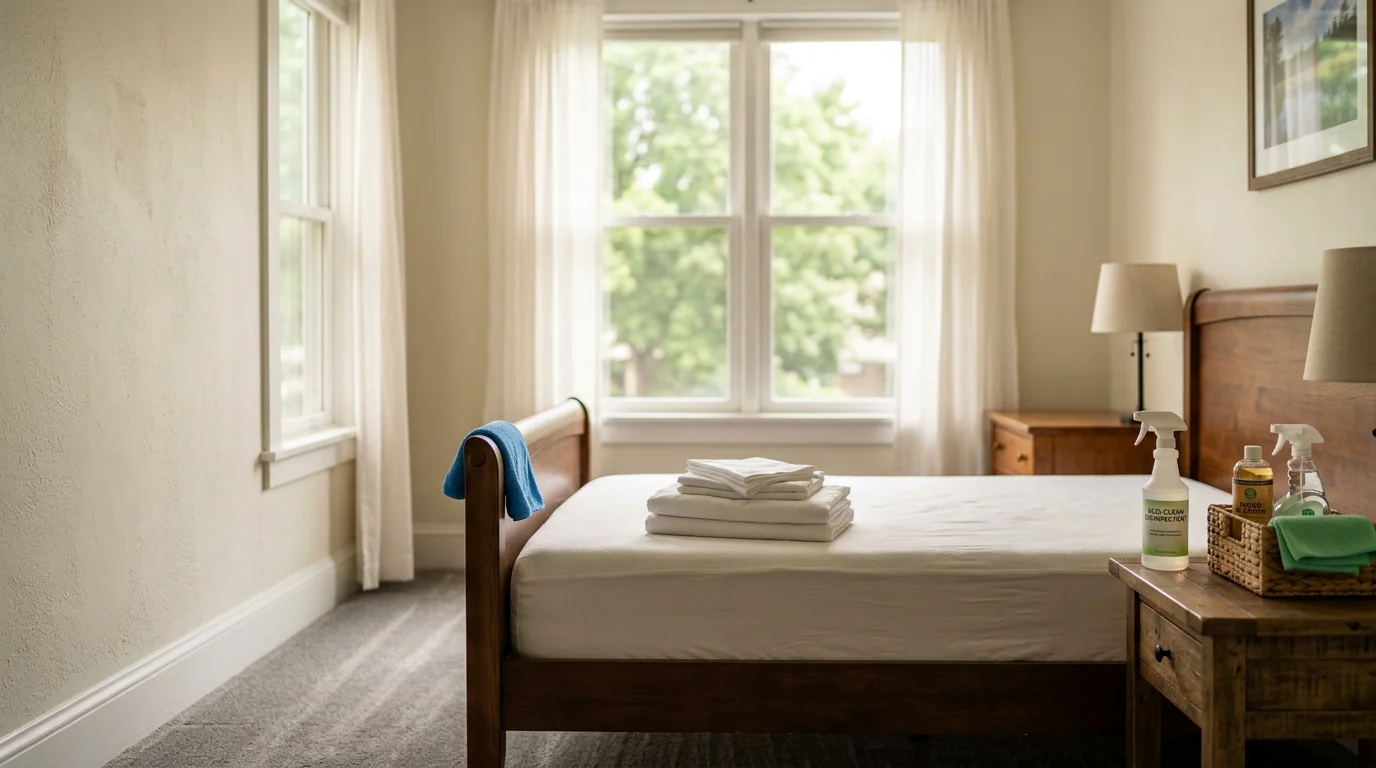 A freshly cleaned short-term rental bedroom in the Oronoco, Minnesota area with neatly made bed, sanitized surfaces, and staged amenities ready for an incoming Airbnb guest. The room reflects a thorough turnover clean completed by Organic Home Cleaning Services Inc.