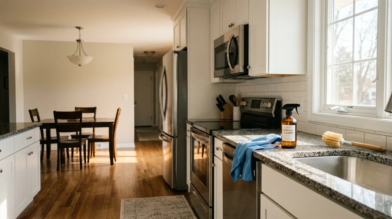 A clean kitchen and living area inside a single-family home in Oronoco, Minnesota after a bi-weekly organic house cleaning visit. Countertops, floors, and surfaces are visibly free of dust and debris.