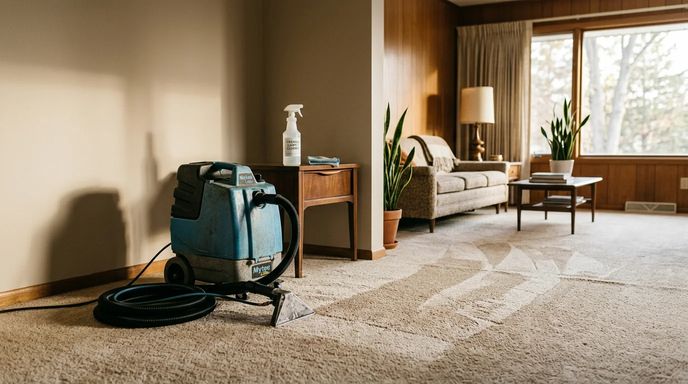 A clean, light-colored carpet in an Oronoco, Minnesota home after professional stain removal, showing a treated area free of pet stain or spill discoloration. The room reflects a typical ranch-style home interior common in the Oronoco area.
