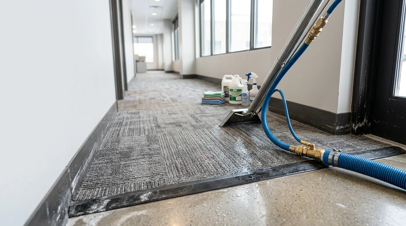 Commercial carpet in an office space near Oronoco, Minnesota being cleaned by a technician, showing a clear contrast between the soiled high-traffic lane and the freshly cleaned carpet beside it.