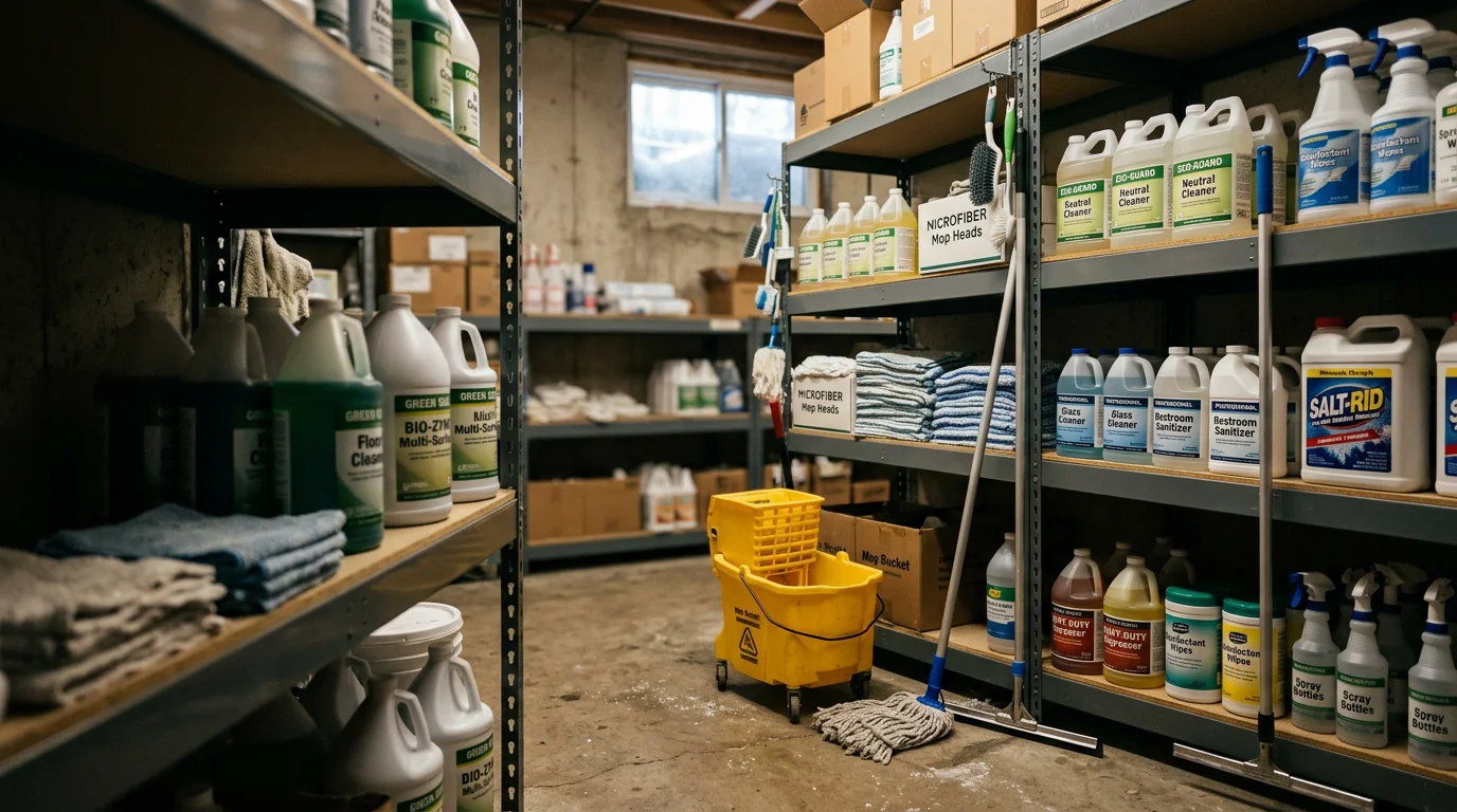 Commercial cleaning supply products arranged for a small business facility in Oronoco, Minnesota. Bottles of surface cleaner and floor care solution sit ready for use in a tidy commercial space.