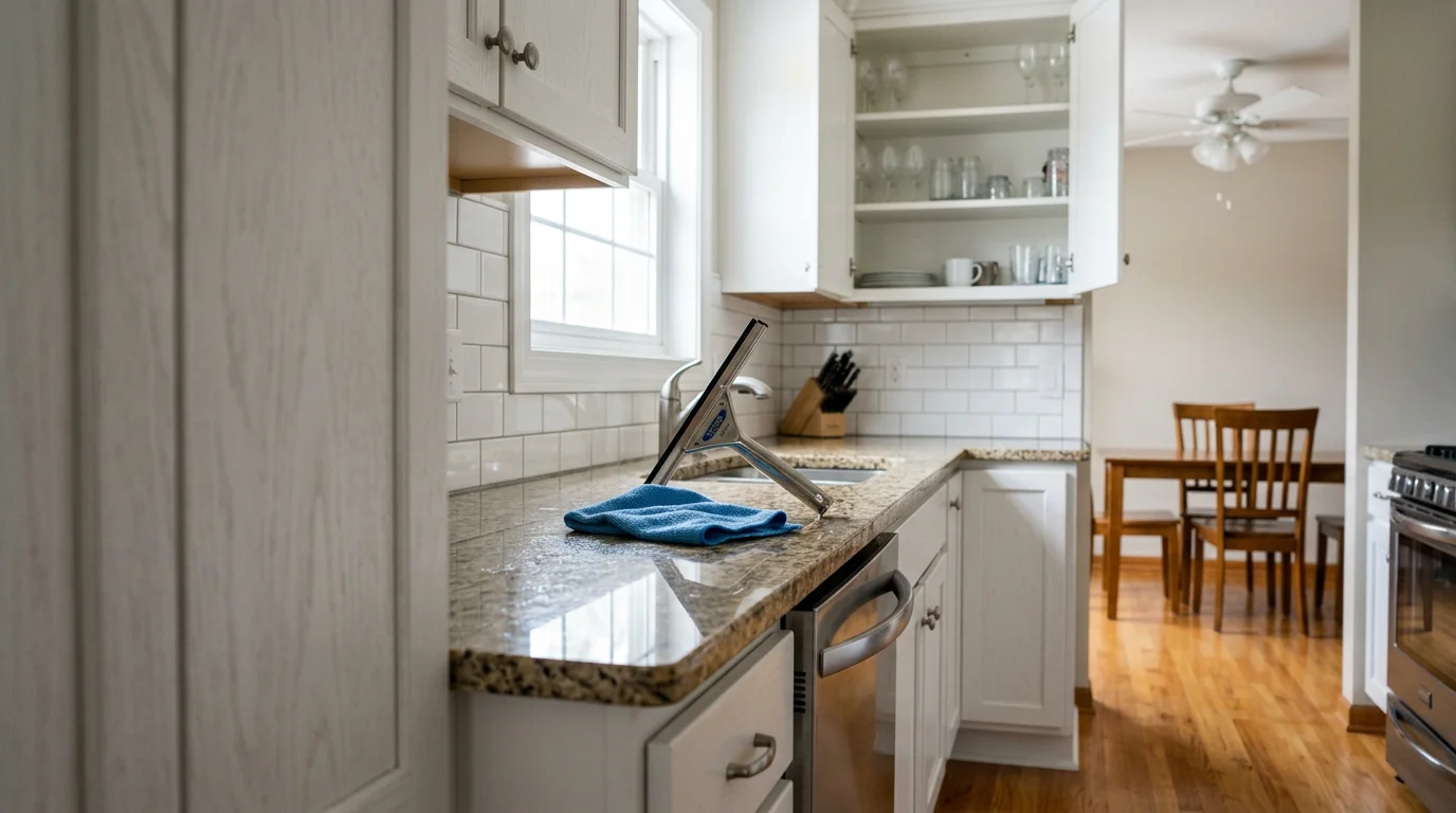 A clean kitchen interior in an Oronoco, Minnesota home after a professional house deep cleaning, showing scrubbed appliances, spotless countertops, and polished cabinet fronts. Bright natural light highlights the dust-free surfaces and clean baseboards along the floor.