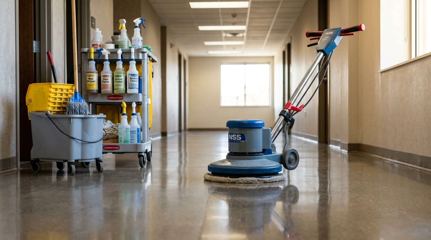 Freshly waxed commercial hard floor reflecting overhead lighting in a business space in Oronoco, Minnesota. A high-gloss, evenly finished surface after professional stripping and wax application by Organic Home Cleaning Services Inc.