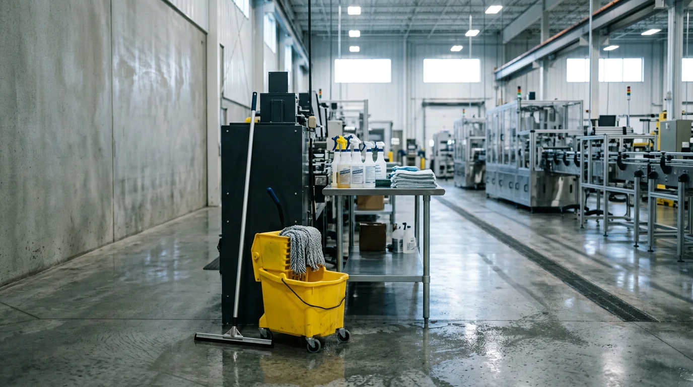 Clean manufacturing facility floor and work surfaces inside a Minnesota production plant, free of oil residue and debris. A sanitary break room and clear common areas are visible in the background.