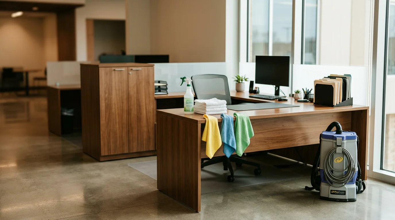 A clean, organized small office in Oronoco, Minnesota with wiped-down desks, vacuumed floors, and an empty trash bin after a professional office cleaning visit. Bright overhead lighting shows dust-free surfaces and a tidy break room area in the background.