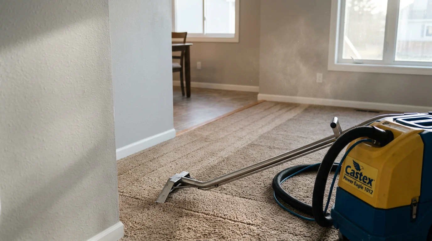 A freshly cleaned carpeted living room in a single-family rental property in Oronoco, Minnesota, showing bright, even carpet fibers free of stains and pet odor after professional cleaning between tenants.