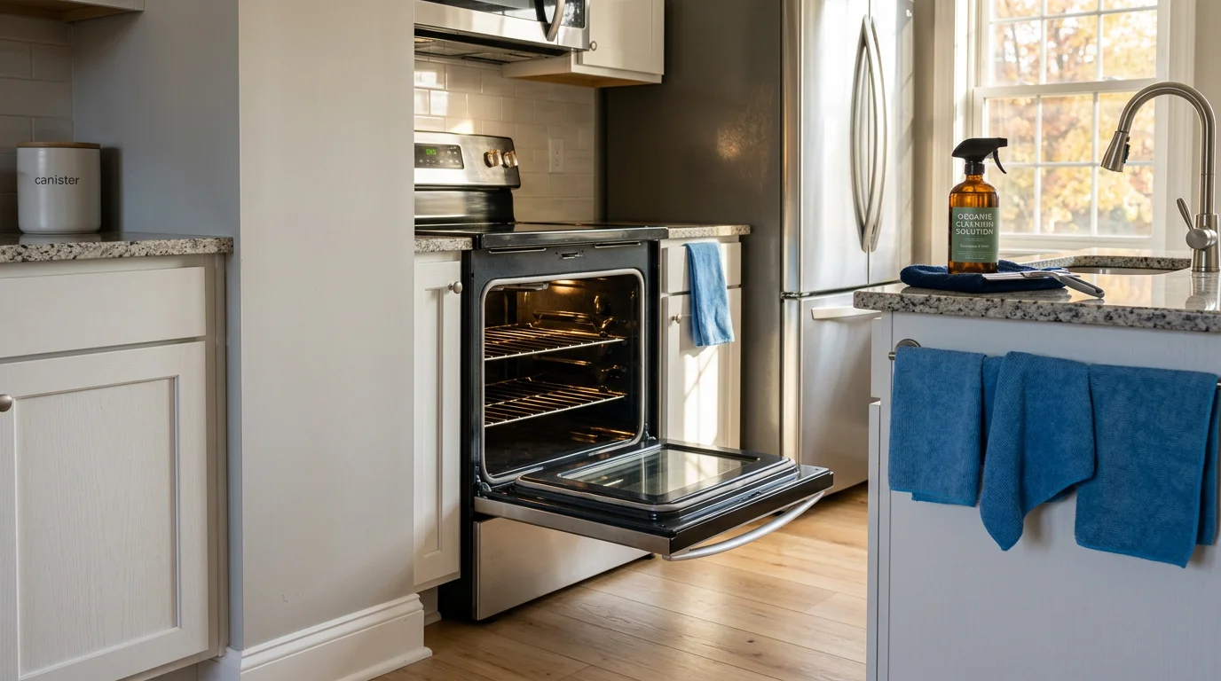 A spotless rental kitchen in an Oronoco, Minnesota single-family home after a professional deep clean, with clean appliance interiors, wiped cabinet fronts, and scrubbed countertops ready for an incoming tenant.