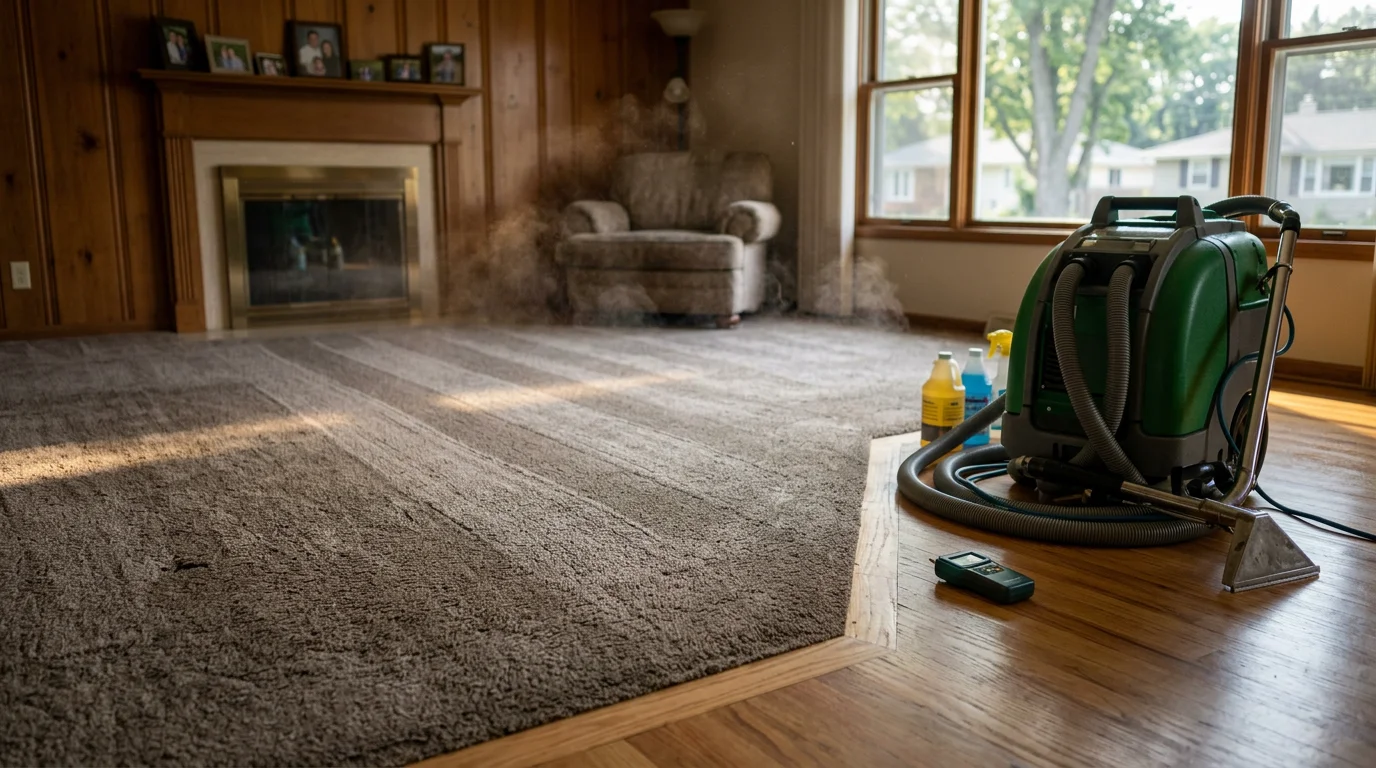 A clean, bright living room carpet in an Oronoco, Minnesota home after professional residential carpet cleaning, showing restored texture and color in a high-traffic area.