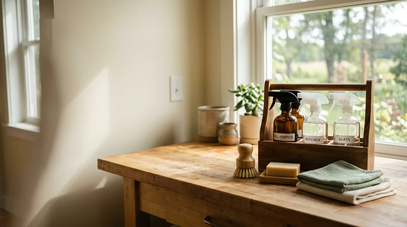 A clean kitchen countertop in an Oronoco, Minnesota home with organic plant-based cleaning products arranged nearby. Natural light comes through the window, showing spotless surfaces free of chemical residue.