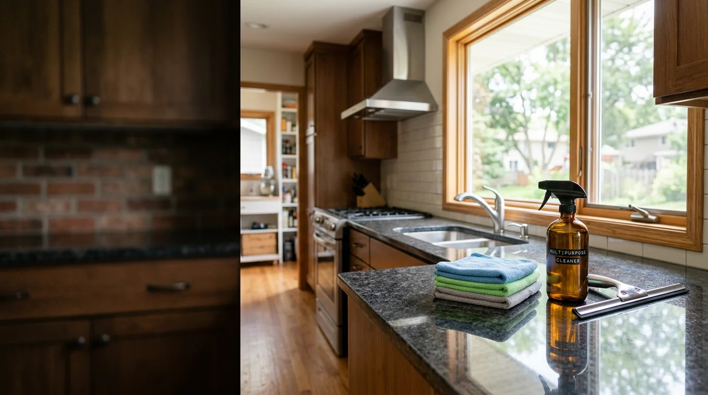 A clean, bright kitchen in a spacious Oronoco, Minnesota home after a weekly professional house cleaning service. Countertops are clear, surfaces are wiped down, and floors are spotless.